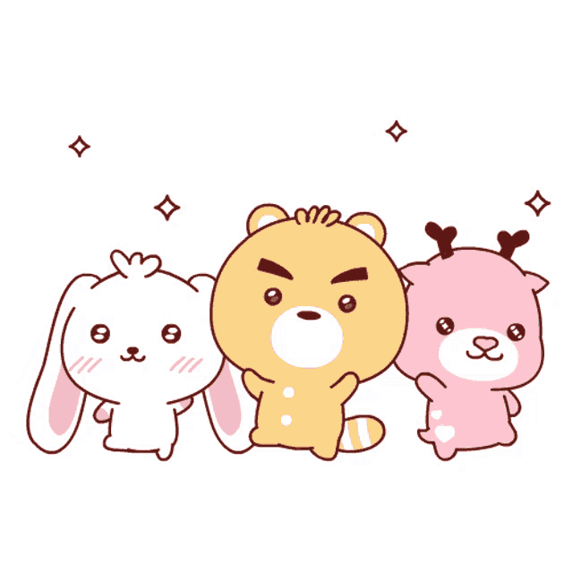 three cartoon animals are standing next to each other including a bear and a rabbit
