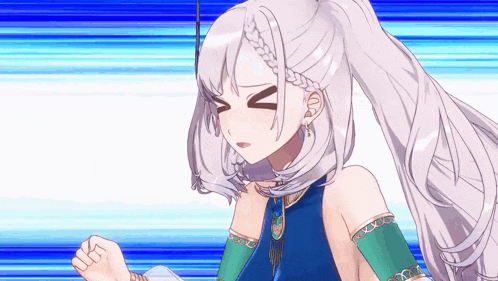 a girl with long white hair and a braided ponytail is making a funny face .