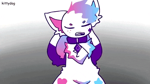 a cartoon drawing of a white cat with a purple collar and hearts on its fur .