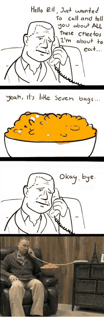 a man is sitting in a chair talking on a phone with a bowl of cheetos in front of him