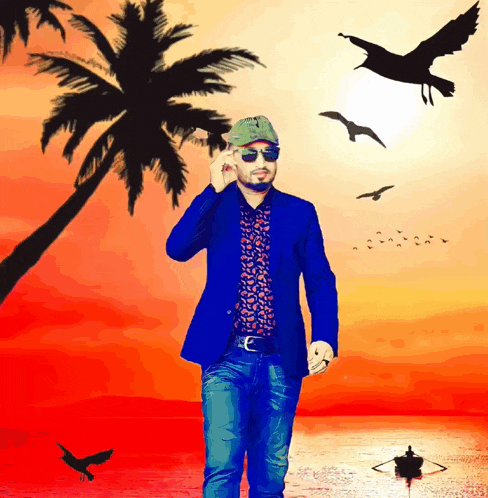 a man in a blue jacket stands in front of a sunset with palm trees and birds