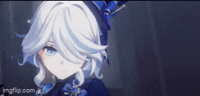 a girl with white hair and blue eyes is wearing a blue hat and holding an umbrella .