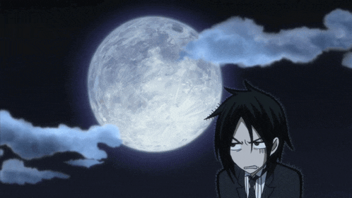 a cartoon character with a full moon in the background