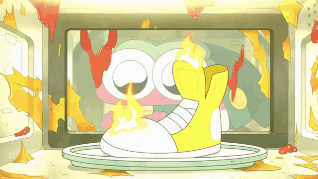 a cartoon of a shoe being cooked in a microwave with flames coming out of it