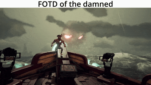 a man on a boat with the words fotd of the damned on the bottom