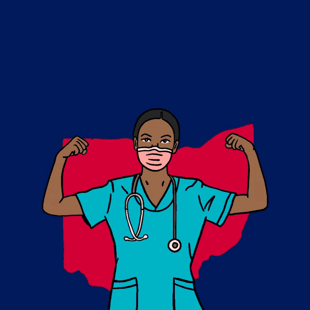 an illustration of a nurse wearing a mask with the words imagine our health when rich ohioans give as much as they take