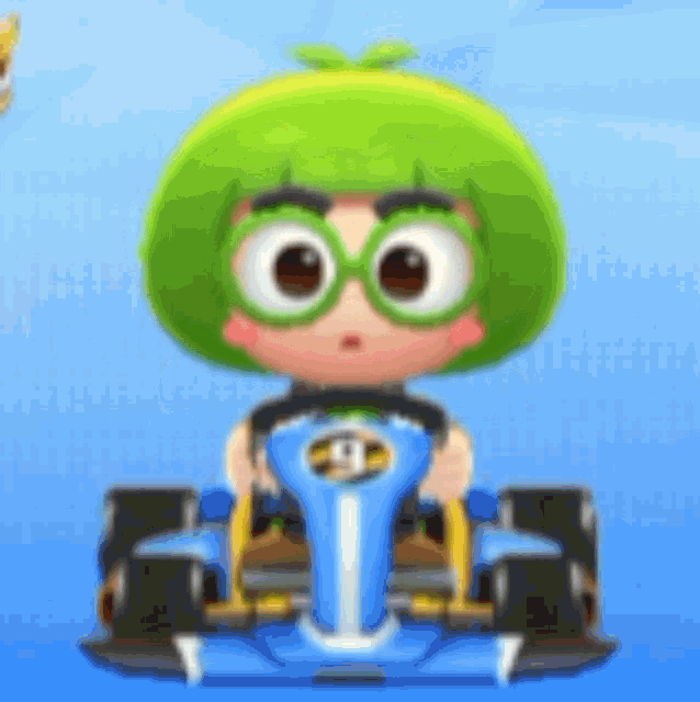 a cartoon character with green hair is driving a blue car .