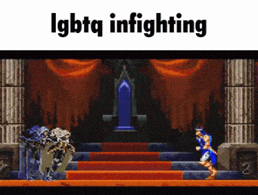 a screenshot of a video game with the words lgbtq infighting