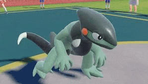 a green and black pokemon is standing on top of a basketball court .