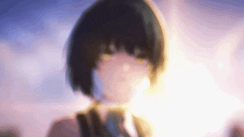 a blurry picture of a girl with short black hair standing in front of the sun .