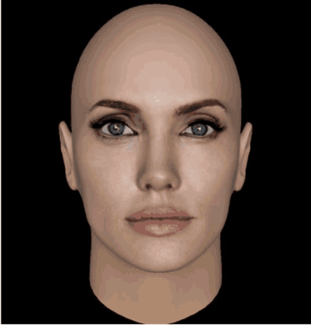 a close up of a woman 's face with a bald head and blue eyes