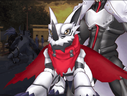 a cartoon character with a red scarf around his neck is standing next to another character