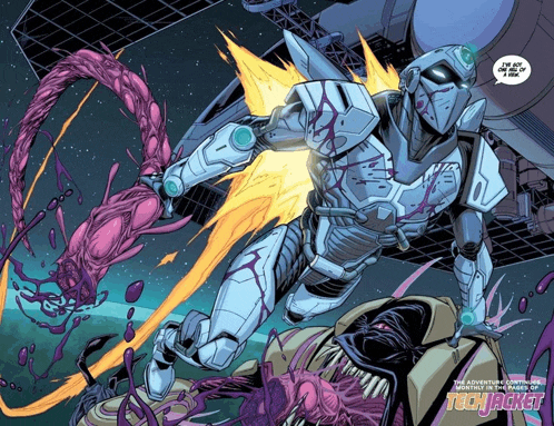 a page from a comic book that says tech jacket on the bottom