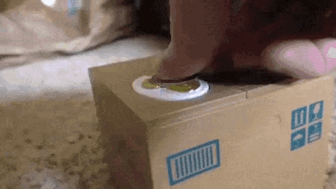 a person is putting a coin into a cardboard piggy bank .