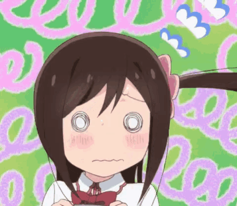 a cartoon girl with a bow on her hair making a surprised face
