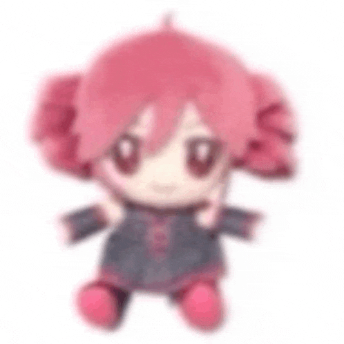 a stuffed animal with pink hair and red feet is sitting on a white background .