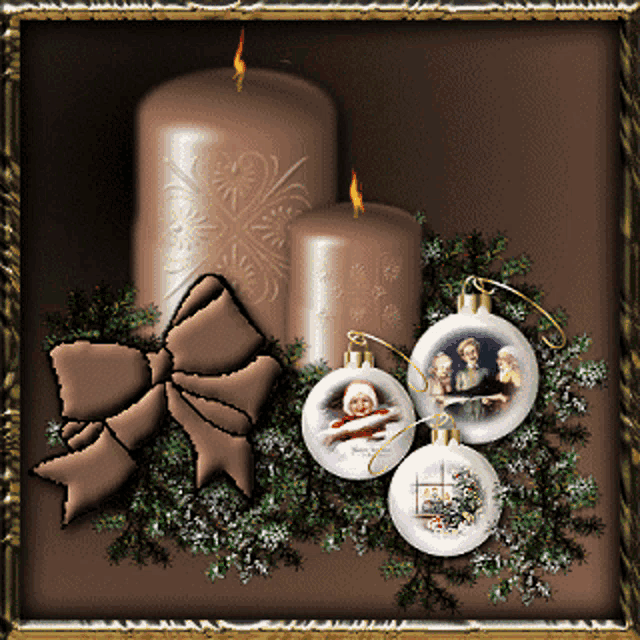 a picture of christmas decorations and candles with a bow