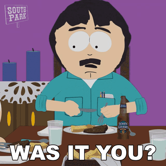 a cartoon of randy from south park sitting at a table with a bottle of john adams beer