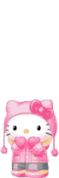 hello kitty is wearing a pink hat and gloves and has two hearts above her head .