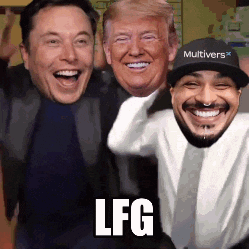 elon musk donald trump and a man wearing a hat that says multiverse