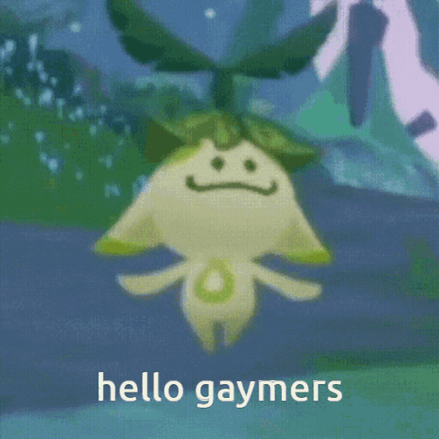a cartoon character with a face and the words hello gaymers on the bottom