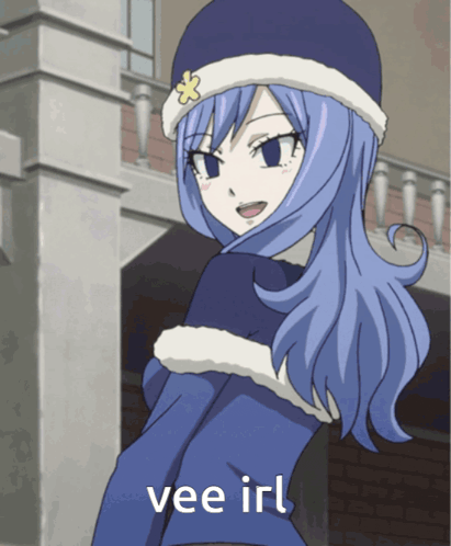 a picture of a girl with blue hair and the words vee irl below her
