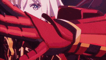 a girl with white hair and blue eyes is wearing a red suit