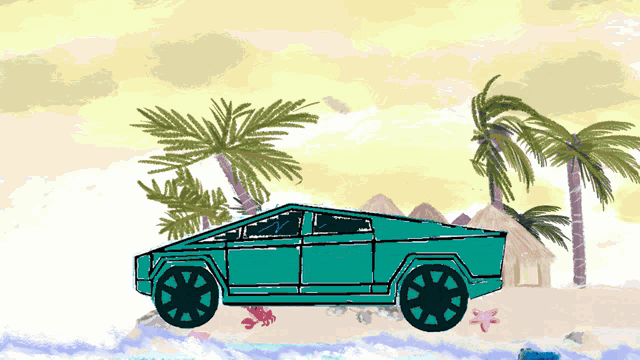 a drawing of a car on the beach with palm trees in the background