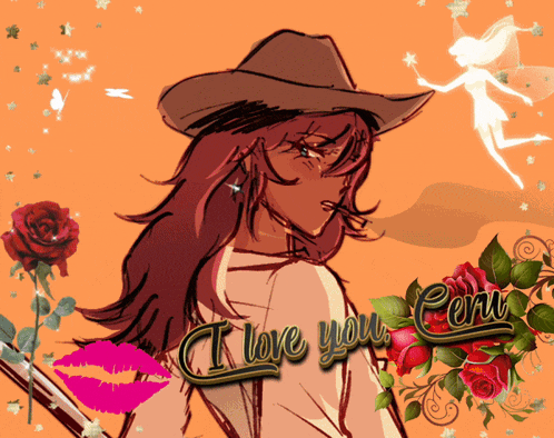 a drawing of a woman wearing a cowboy hat with the words " i love you cern " on the bottom