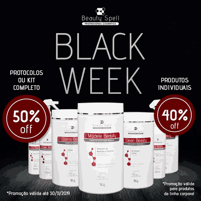 a black week advertisement for beauty spell shows a 50 % off and 40 % off