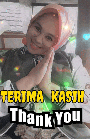 a woman wearing a hijab and glasses is smiling and says terima kasih thank you