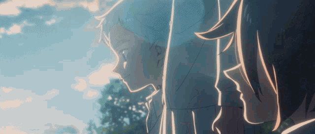 a couple of anime characters looking at something