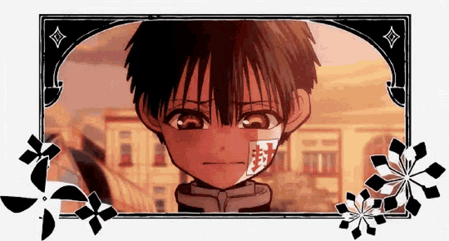 a boy with a bandage on his face is standing in front of a building in a frame .
