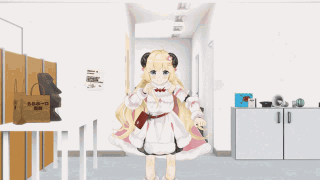 a girl in a white dress is standing in a hallway next to a brown bag that says ' a ' on the front