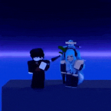 a boy and a girl are standing next to each other on a blue background .