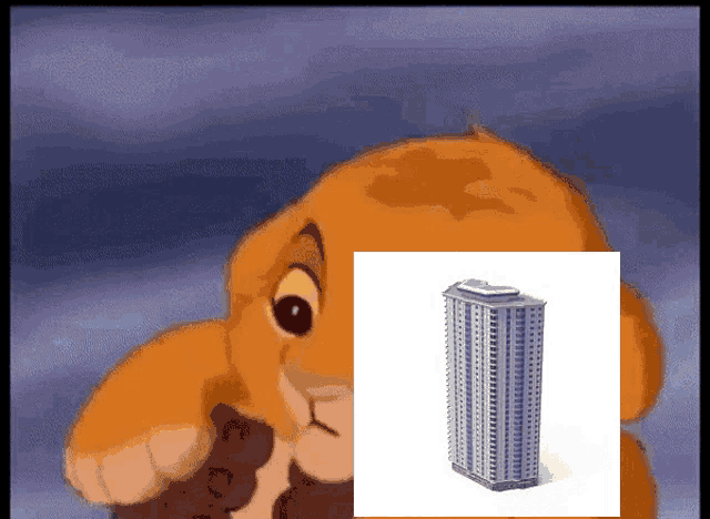 a cartoon lion with a picture of a building in front of it