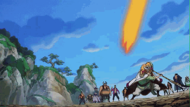 a group of people standing on a rocky hillside with a fireball coming in the background