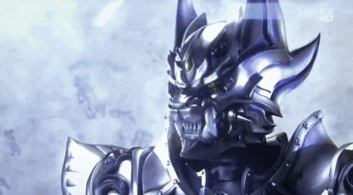 a close up of a knight 's face with a tv behind him that says tokyo mc