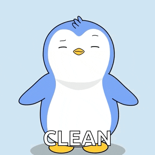 a blue and white penguin with the word clean underneath