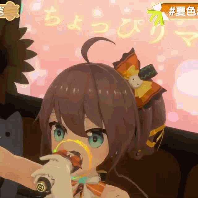 a girl with a bow in her hair is singing into a microphone with chinese writing behind her