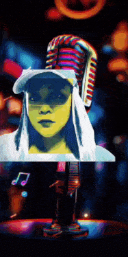 a painting of a woman wearing a hat with a microphone in front of her
