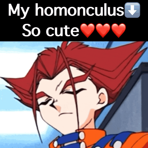 a picture of a red haired anime character with the words my homonculus so cute