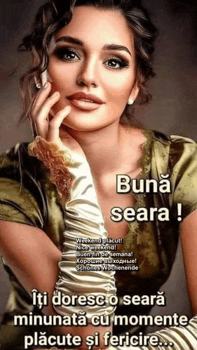 a woman in a green dress and white gloves is wearing a foreign language greeting card .