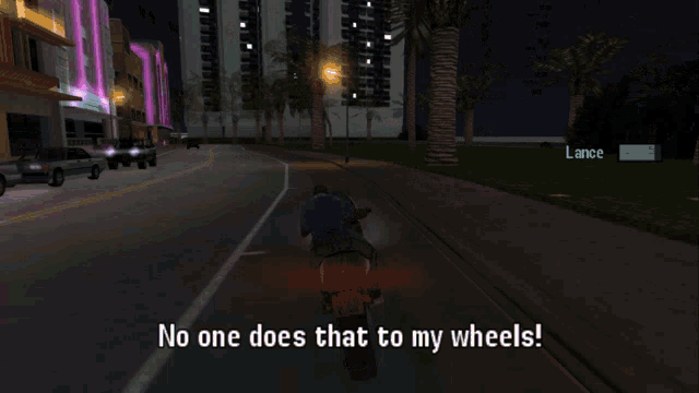 a screenshot of a video game that says no one does that to my wheels