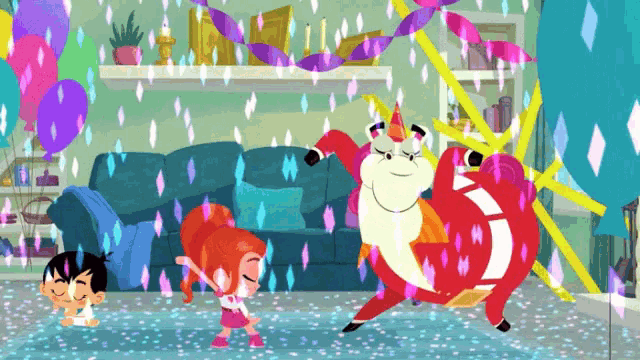 a cartoon of a unicorn dancing in a room