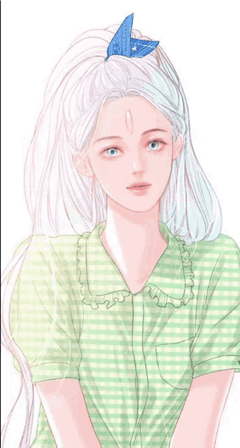 a drawing of a girl with white hair and a blue bow in her hair