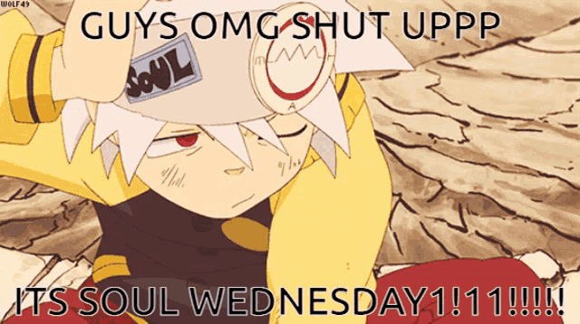 a cartoon character with the words guys omg shut uppp it 's soul wednesday111 !!!