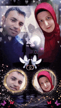 a man and a woman are posing for a picture with a dove and wedding rings in the background