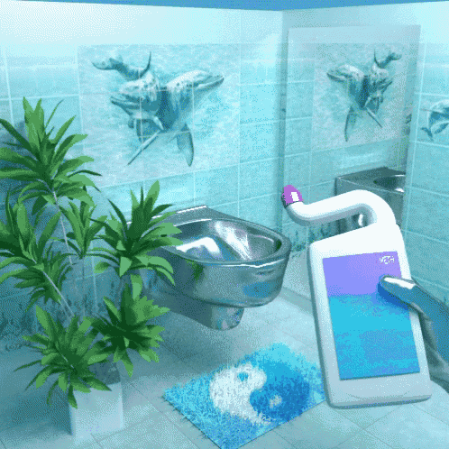 a bathroom with a toilet and a bottle of cleaner that says ' hey ' on it