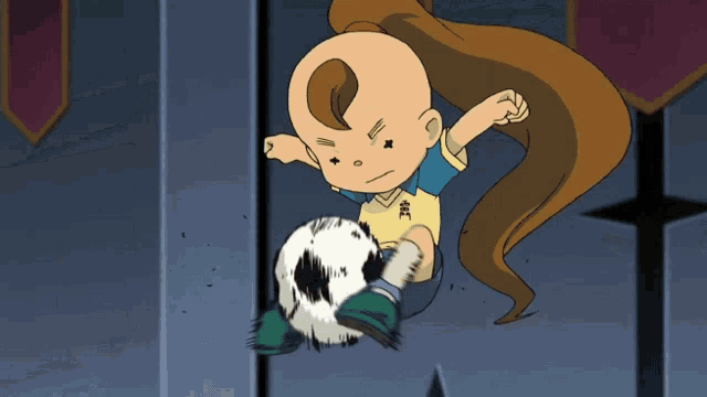 a cartoon character is kicking a soccer ball with chinese writing on his shirt